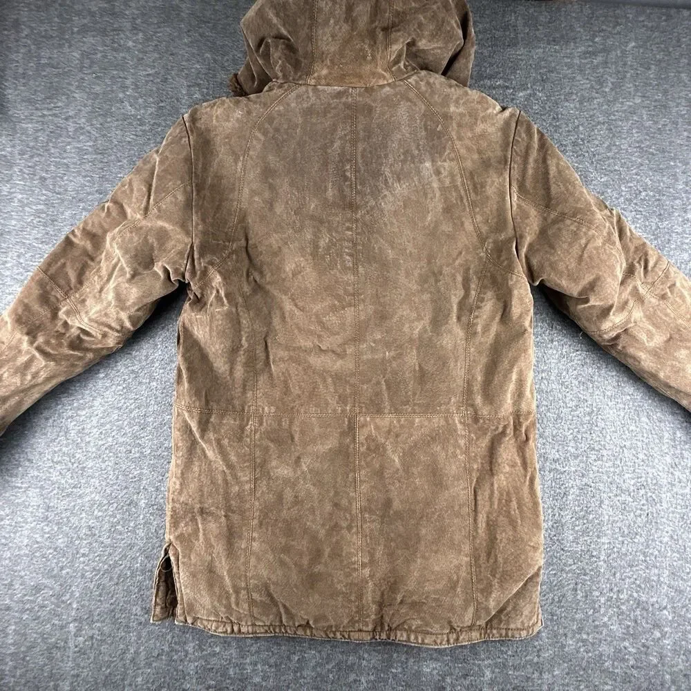 St Johns Bay Washable Suede Coat Womens Sz S 100% Leather Faux Fur Lined Hooded - Picture 4 of 10